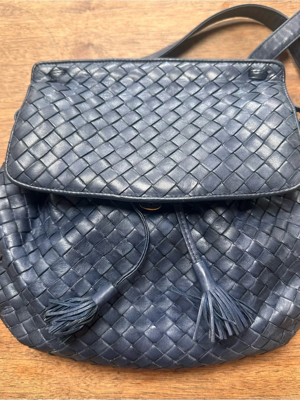 Bottega Veneta Navy Intrecciato Woven Leather Crossbody with Tassel - Picture 2 of 9